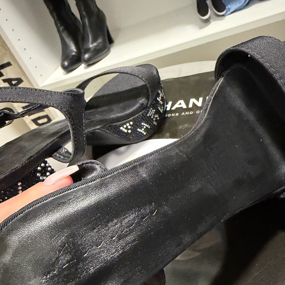 CHANEL Black Rhinestone Logo Heeled Sandals - Picture 8 of 12
